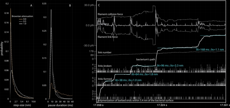 A histogram of step-size and pause duration plus system values during pause-step events